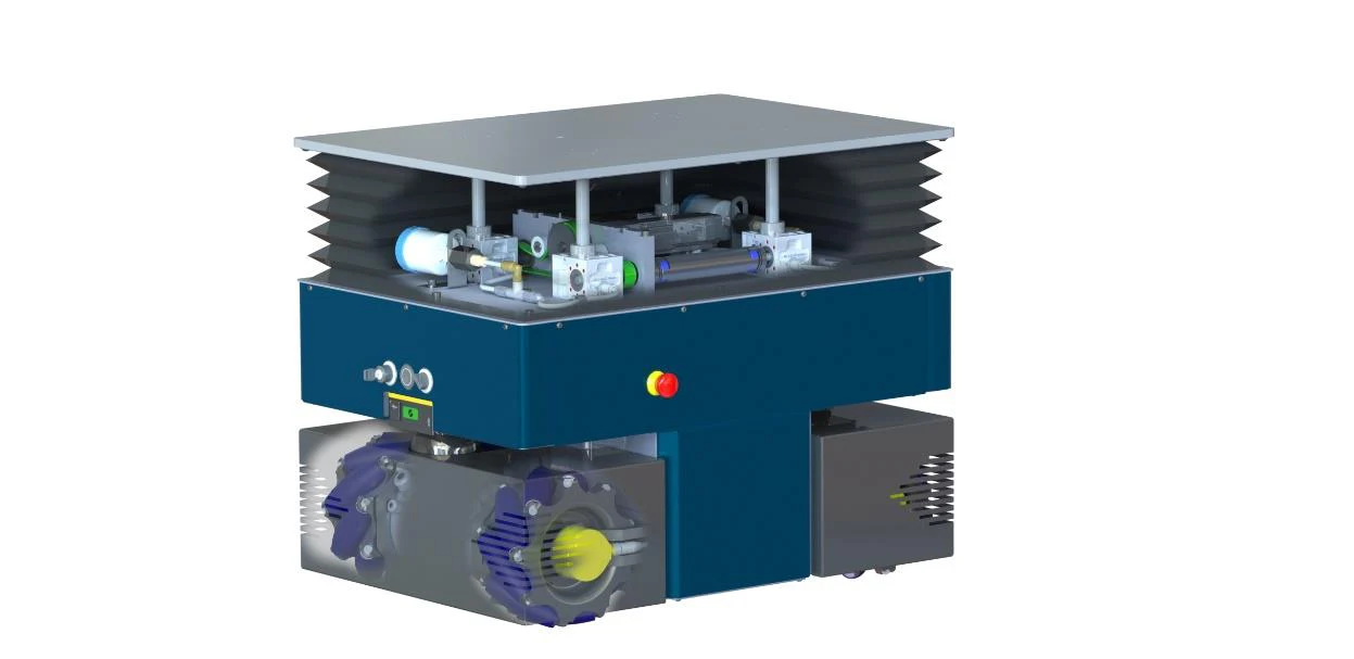 HERROX250 mit geöffneter Hubeinheit und vier Mecanumrad-Antrieben im Chassis